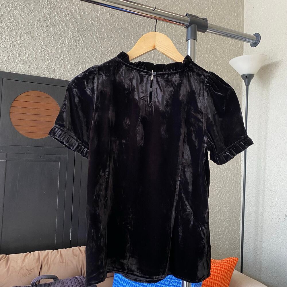 Talbots Velvet High Neck Blouse Puff Sleeve Mock Neck Frilly Trim Black Petite - Picture 2 of 8